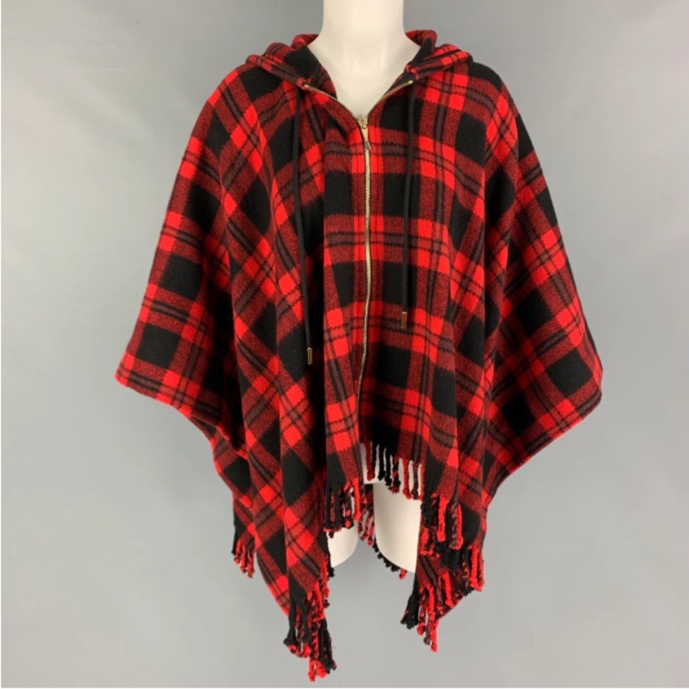 Kate spade Red and Black Plaid Hooded Poncho Cape with Hood